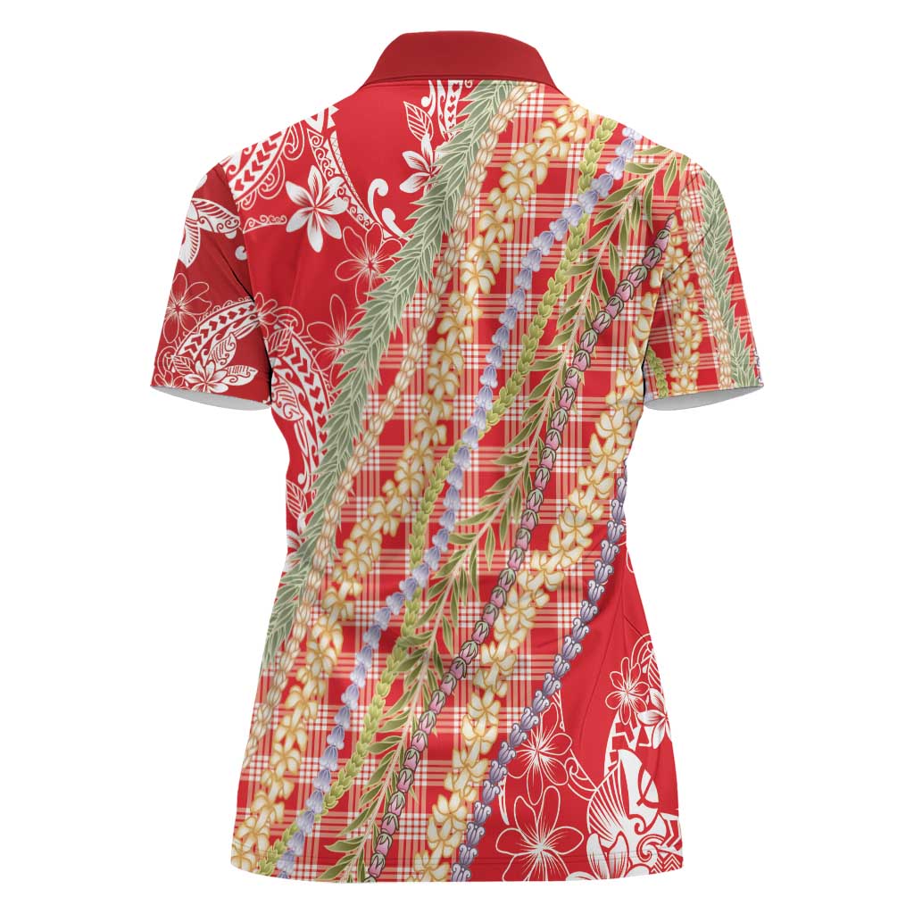 Red Palaka Hawaii Leis Women Polo Shirt Hawaiian-plaid Elegant Tropical Vibes - Polynesian Pride