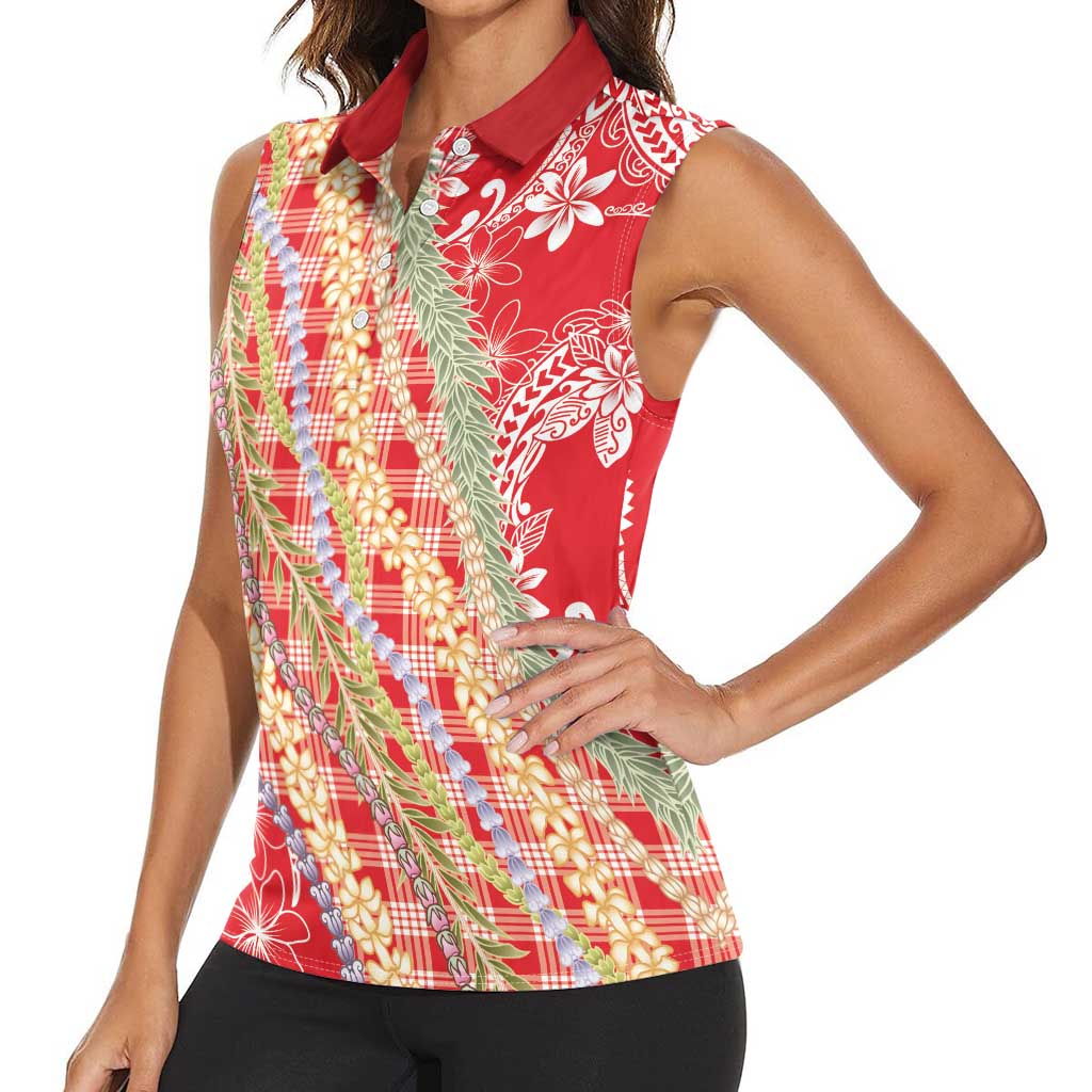 Red Palaka Hawaii Leis Women Sleeveless Polo Shirt Hawaiian-plaid Elegant Tropical Vibes - Polynesian Pride