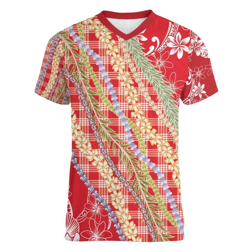 Red Palaka Hawaii Leis Women V-Neck T-Shirt Hawaiian-plaid Elegant Tropical Vibes - Polynesian Pride