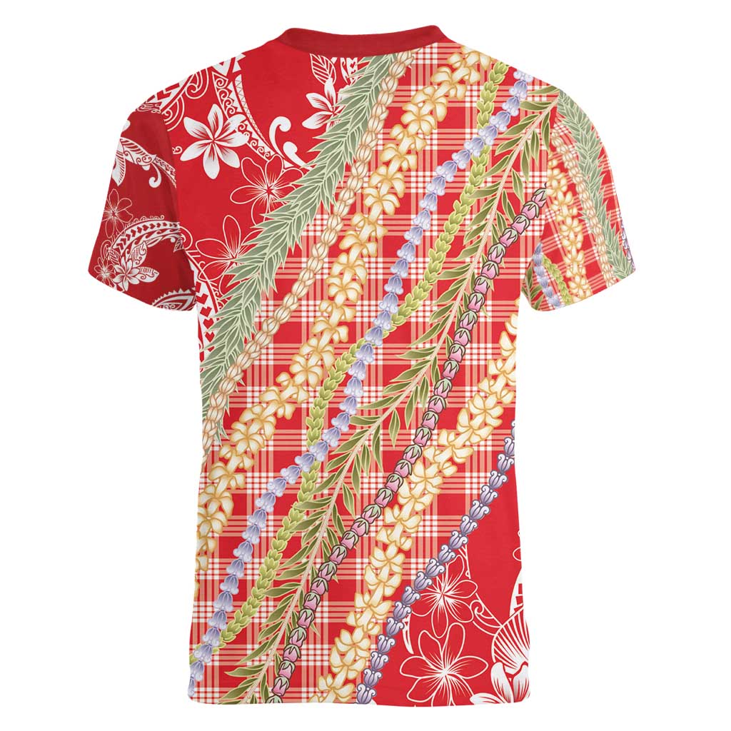 Red Palaka Hawaii Leis Women V-Neck T-Shirt Hawaiian-plaid Elegant Tropical Vibes - Polynesian Pride