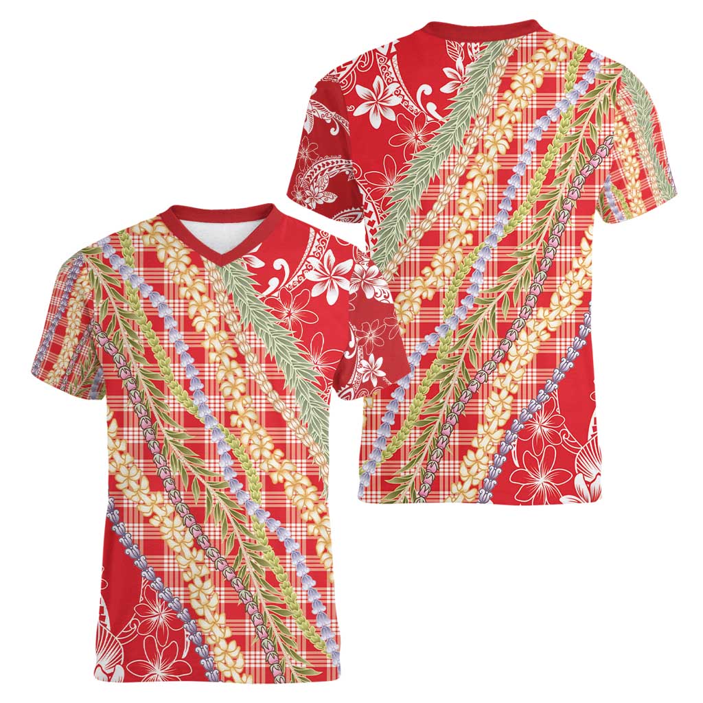 Red Palaka Hawaii Leis Women V-Neck T-Shirt Hawaiian-plaid Elegant Tropical Vibes - Polynesian Pride