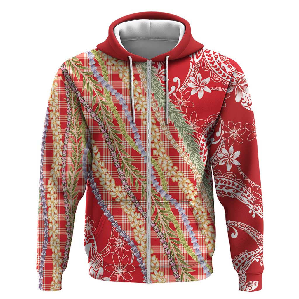 Red Palaka Hawaii Leis Zip Hoodie Hawaiian-plaid Elegant Tropical Vibes - Polynesian Pride
