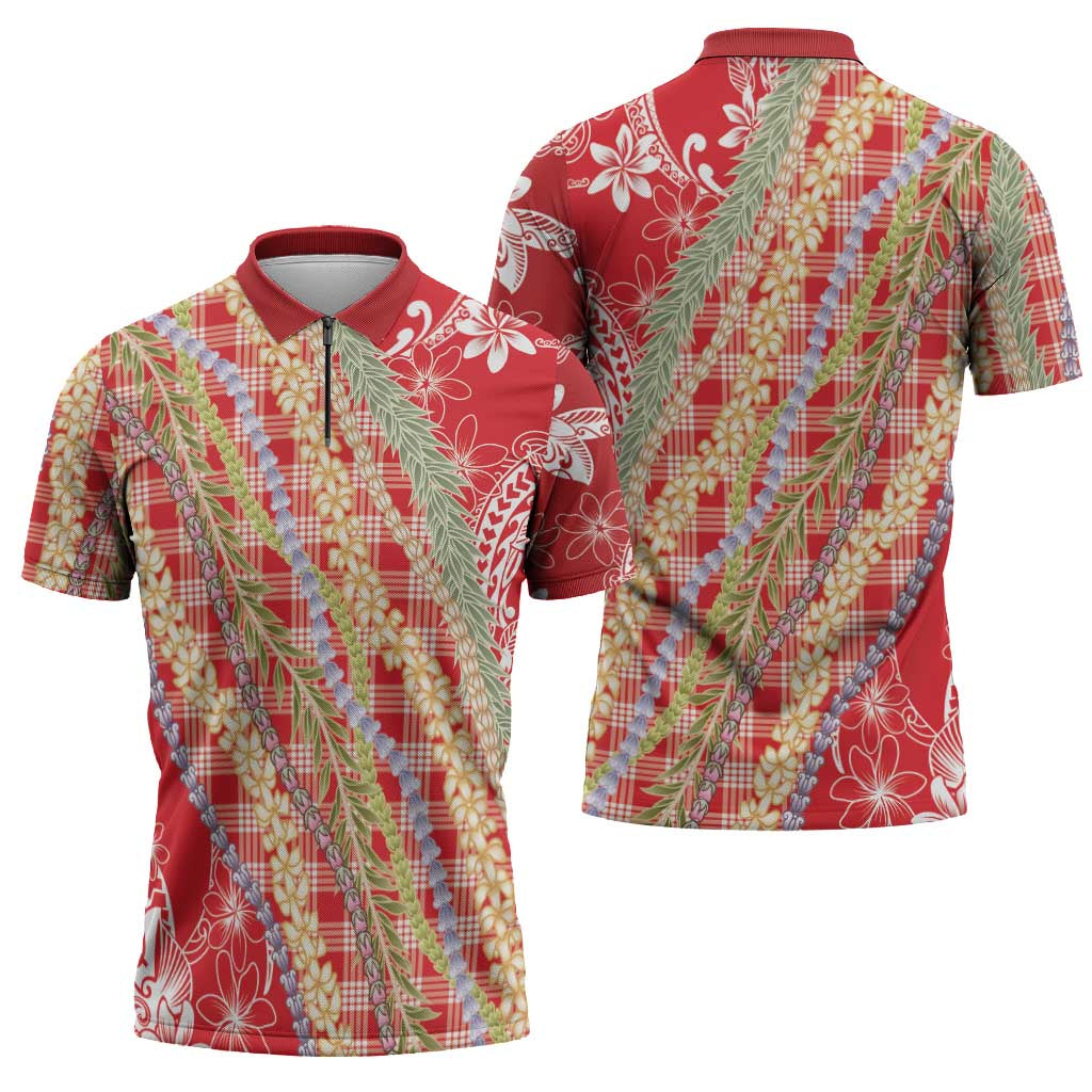 Red Palaka Hawaii Leis Zipper Polo Shirt Hawaiian-plaid Elegant Tropical Vibes - Polynesian Pride