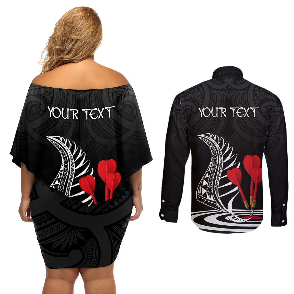 Personalised New Zealand Darts Couples Matching Off Shoulder Short Dress and Long Sleeve Button Shirt Aotearoa Maori Fern Bring It On LT14 - Polynesian Pride