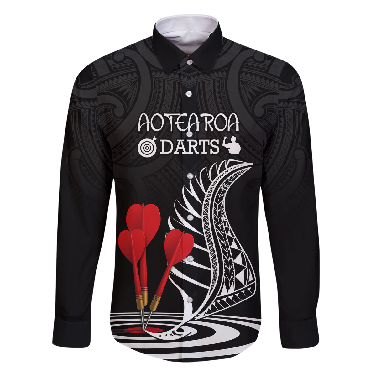 Personalised New Zealand Darts Family Matching Mermaid Dress and Hawaiian Shirt Aotearoa Maori Fern Bring It On LT14 Dad's Shirt - Long Sleeve Black - Polynesian Pride