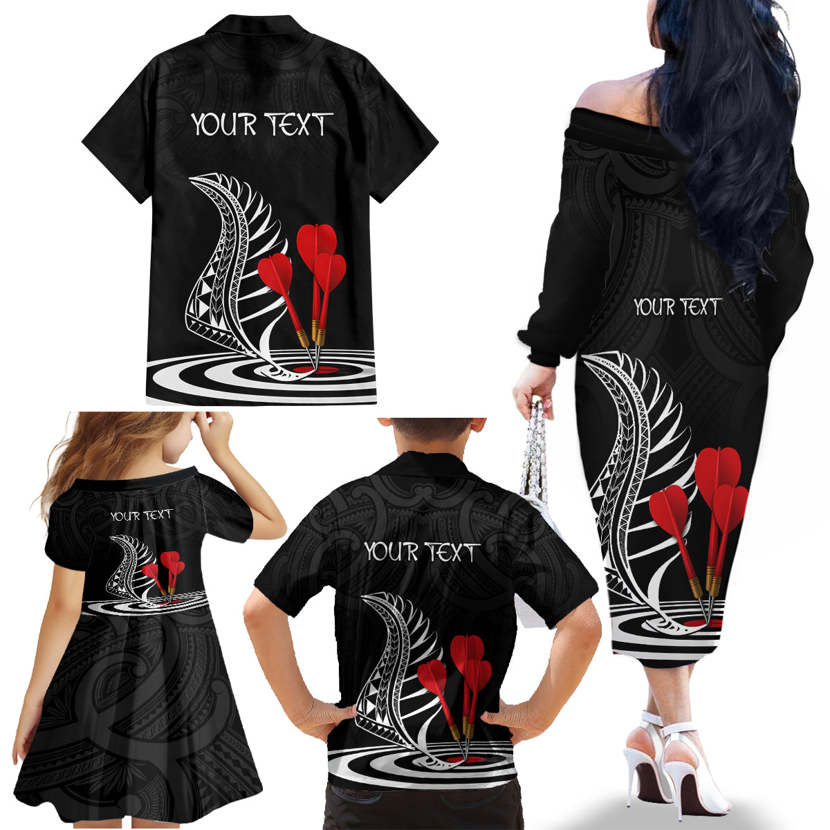 Personalised New Zealand Darts Family Matching Off Shoulder Long Sleeve Dress and Hawaiian Shirt Aotearoa Maori Fern Bring It On LT14 - Polynesian Pride