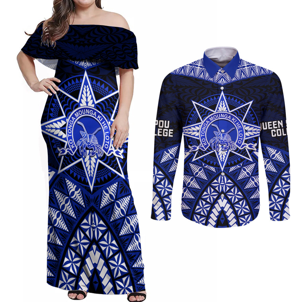 Tonga Tupou College And Queen Salote College Couples Matching Off Shoulder Maxi Dress and Long Sleeve Button Shirt Tongan Ngatu Pattern LT14 Blue - Polynesian Pride