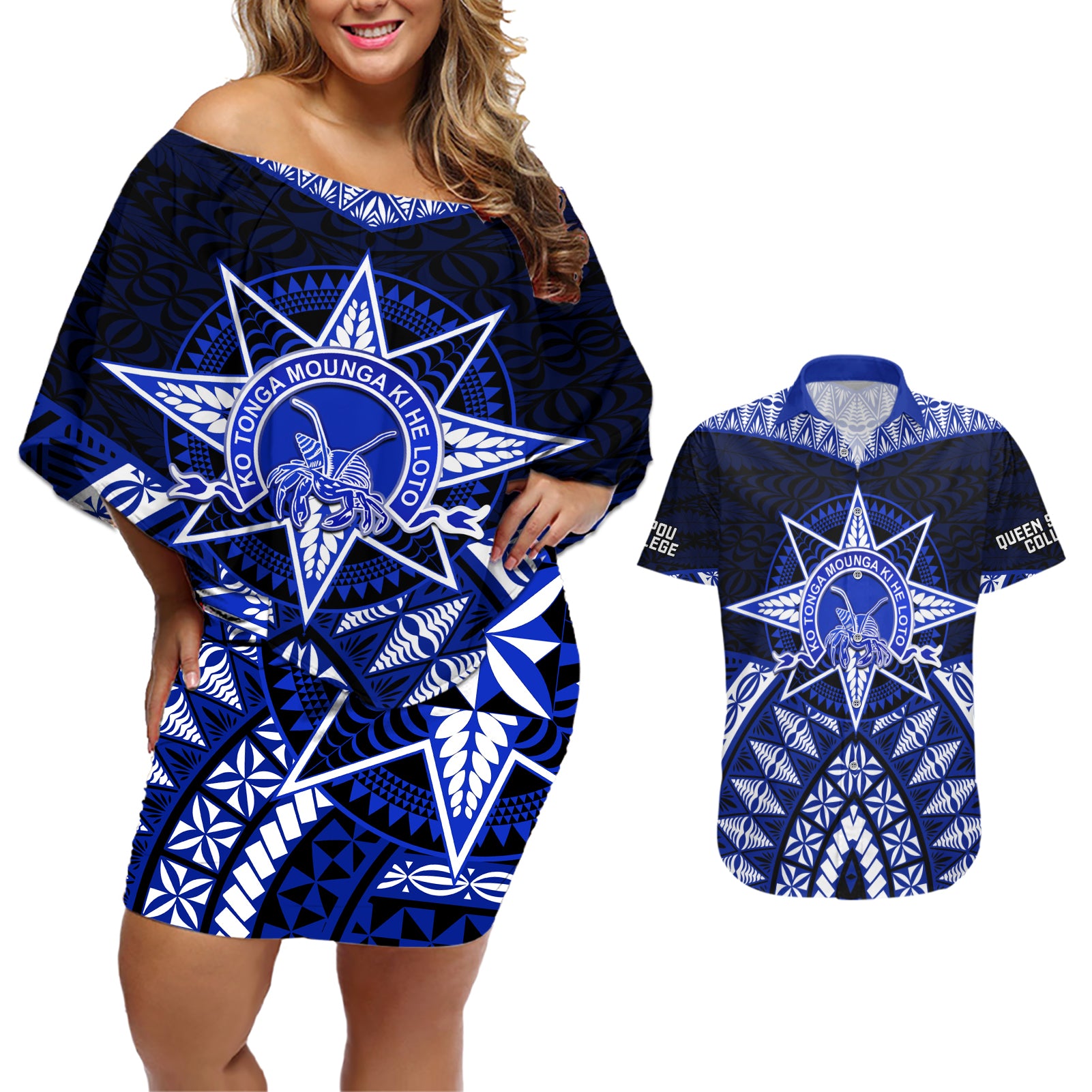 Tonga Tupou College And Queen Salote College Couples Matching Off Shoulder Short Dress and Hawaiian Shirt Tongan Ngatu Pattern LT14 Blue - Polynesian Pride