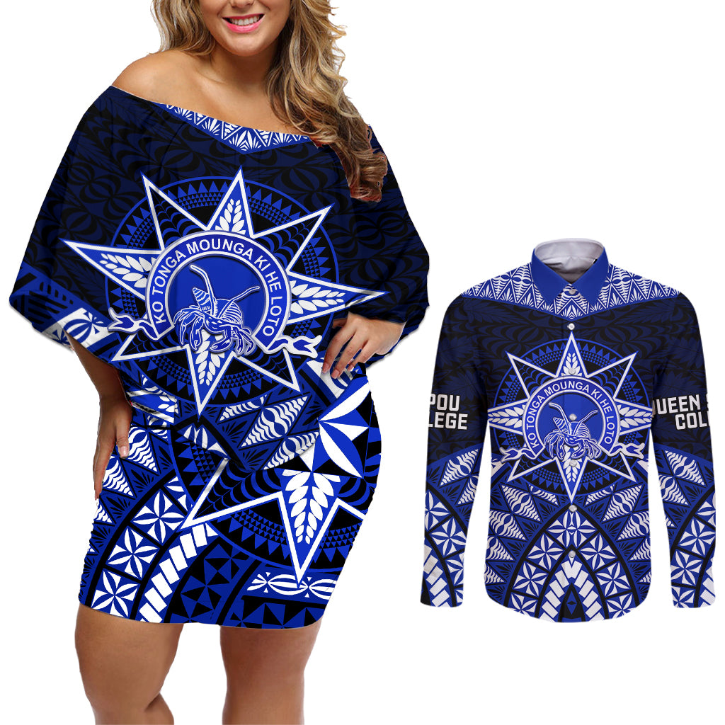 Tonga Tupou College And Queen Salote College Couples Matching Off Shoulder Short Dress and Long Sleeve Button Shirt Tongan Ngatu Pattern LT14 Blue - Polynesian Pride