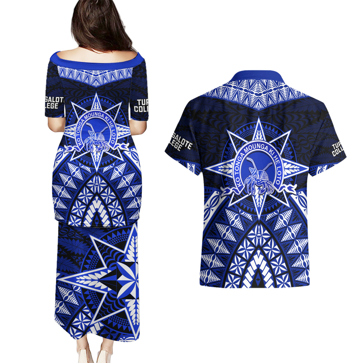 Tonga Tupou College And Queen Salote College Couples Matching Puletasi Dress and Hawaiian Shirt Tongan Ngatu Pattern LT14 - Polynesian Pride