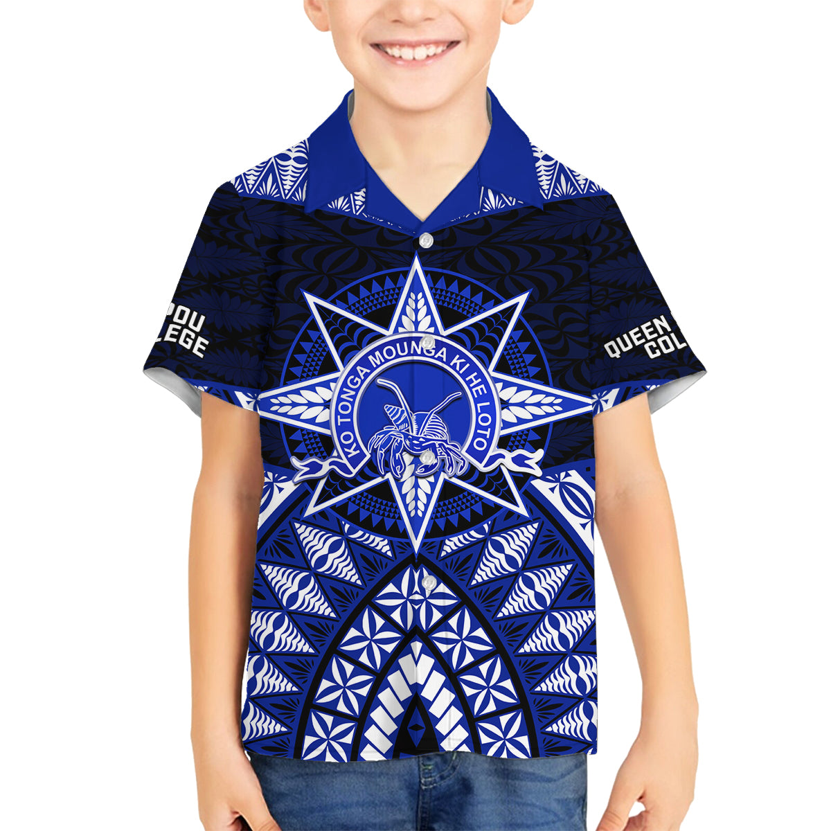 Tonga Tupou College And Queen Salote College Family Matching Off Shoulder Short Dress and Hawaiian Shirt Tongan Ngatu Pattern LT14 Son's Shirt Blue - Polynesian Pride