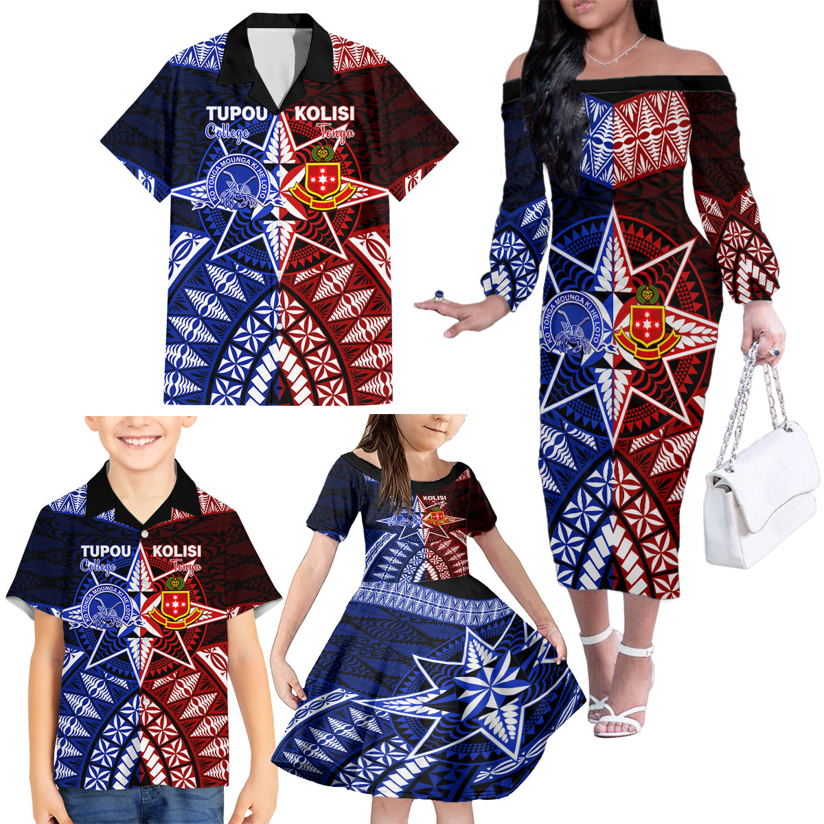 Personalised Tupou College And Kolisi Tonga Atele Family Matching Off Shoulder Long Sleeve Dress and Hawaiian Shirt Tongan Ngatu Pattern LT14 - Polynesian Pride