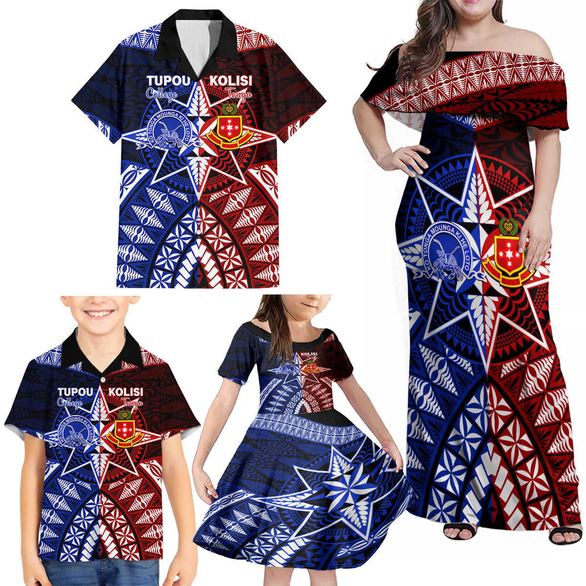 Personalised Tupou College And Kolisi Tonga Atele Family Matching Off Shoulder Maxi Dress and Hawaiian Shirt Tongan Ngatu Pattern LT14 - Polynesian Pride