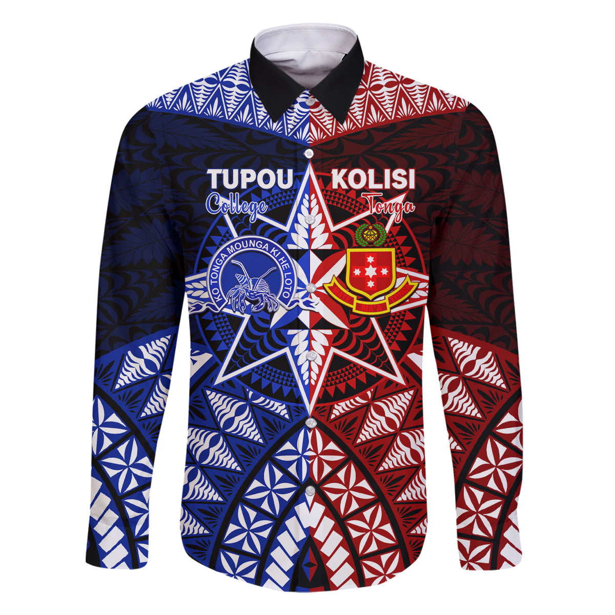 Personalised Tupou College And Kolisi Tonga Atele Family Matching Off Shoulder Maxi Dress and Hawaiian Shirt Tongan Ngatu Pattern LT14 Dad's Shirt - Long Sleeve Blue - Polynesian Pride