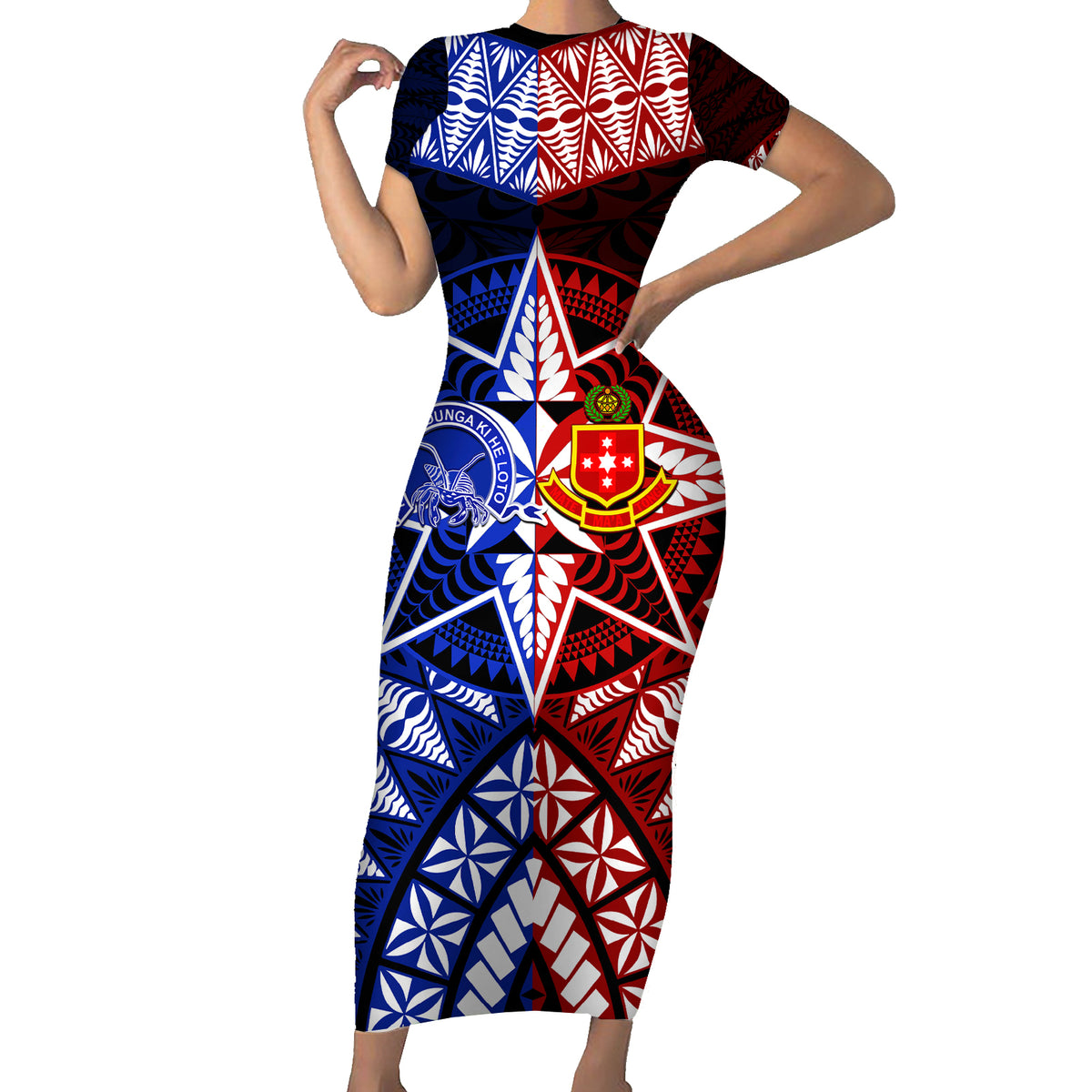 Personalised Tupou College And Kolisi Tonga Atele Family Matching Short Sleeve Bodycon Dress and Hawaiian Shirt Tongan Ngatu Pattern LT14 Mom's Dress Blue - Polynesian Pride