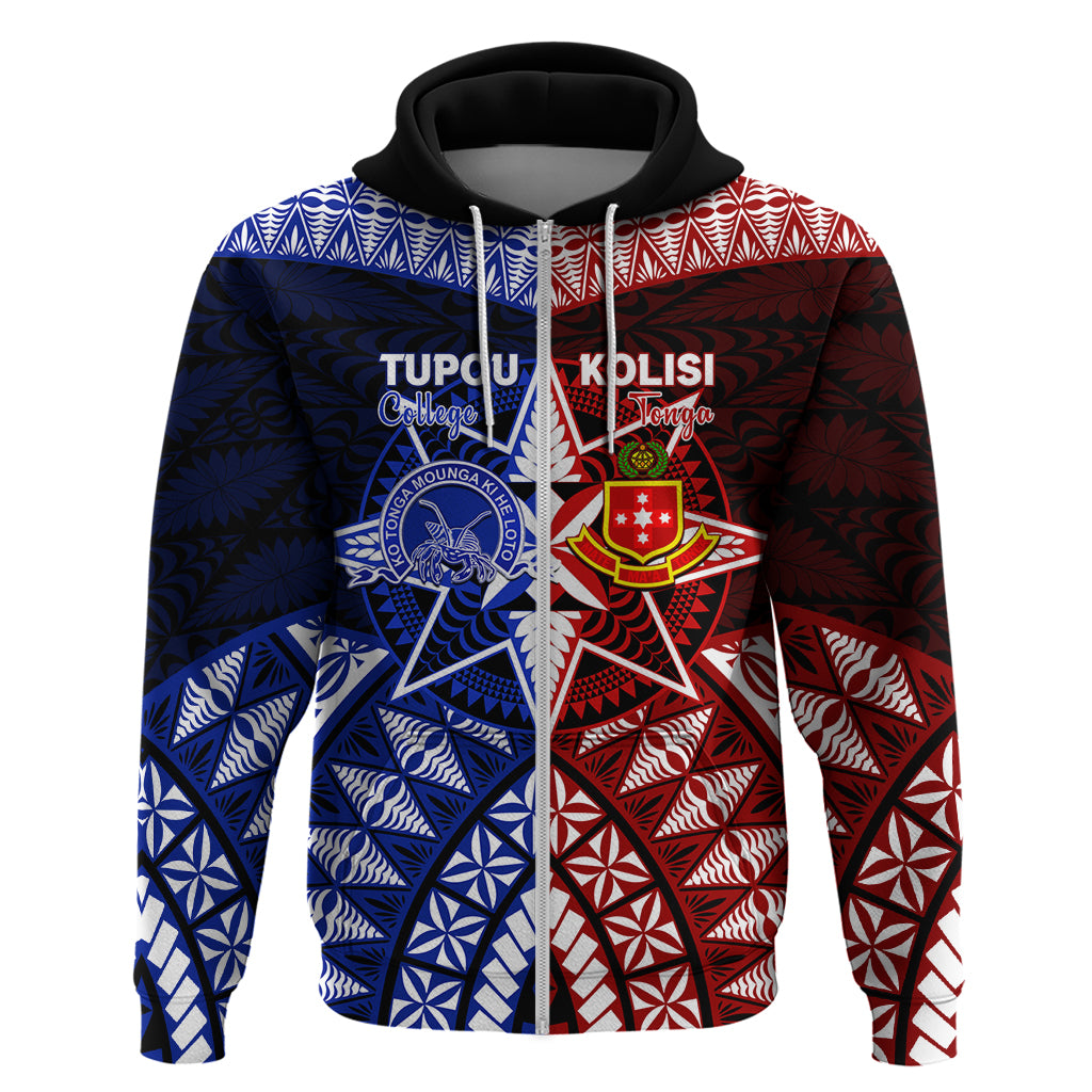 Personalised Tupou College And Kolisi Tonga Atele Hoodie Tongan Ngatu Pattern LT14 Zip Hoodie Blue - Polynesian Pride