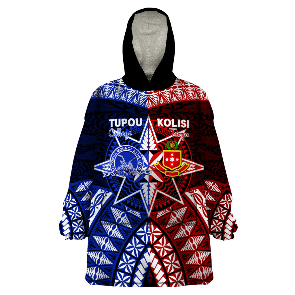 Personalised Tupou College And Kolisi Tonga Atele Wearable Blanket Hoodie Tongan Ngatu Pattern LT14 One Size Blue - Polynesian Pride