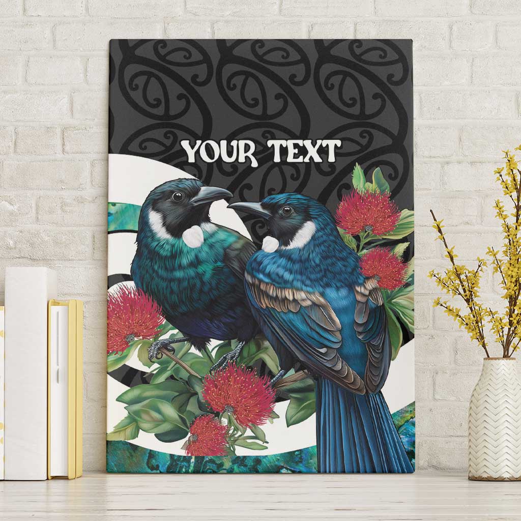 Personalised Valentine's Day New Zealand Canvas Wall Art Tui Bird Couple Kowhaiwhai Mix Pohutukawa LT14 Without Frame Black - Polynesian Pride