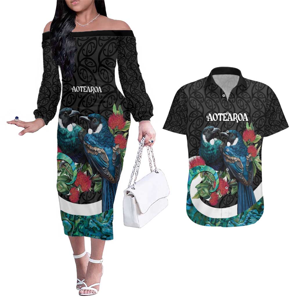 Personalised Valentine's Day New Zealand Couples Matching Off The Shoulder Long Sleeve Dress and Hawaiian Shirt Tui Bird Couple Kowhaiwhai Mix Pohutukawa