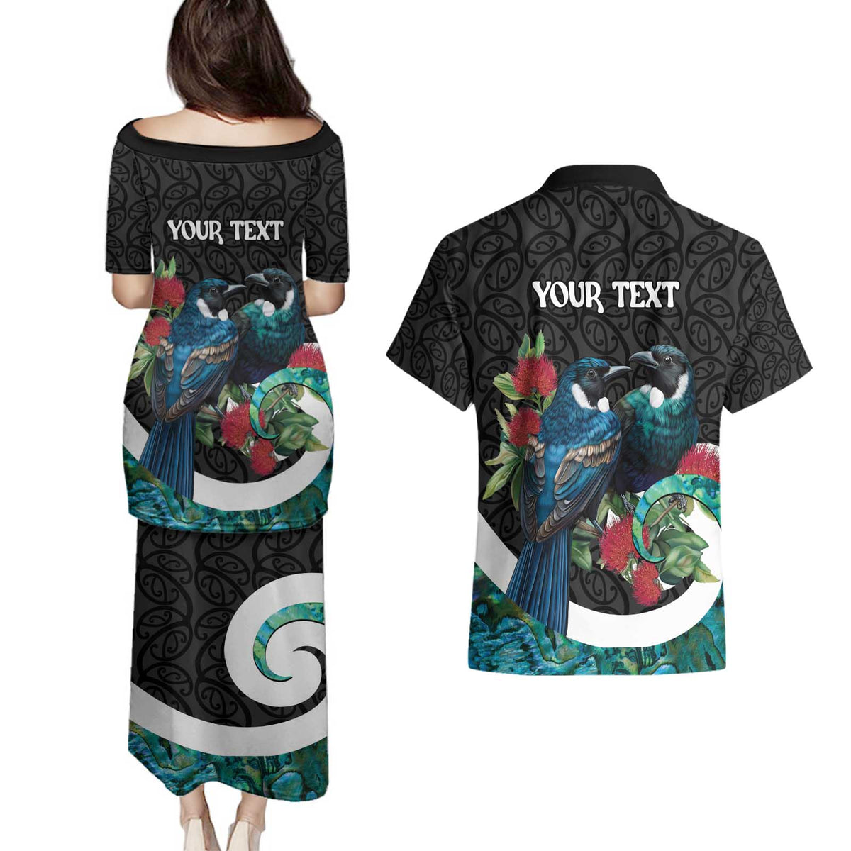 Personalised Valentine's Day New Zealand Couples Matching Puletasi and Hawaiian Shirt Tui Bird Couple Kowhaiwhai Mix Pohutukawa
