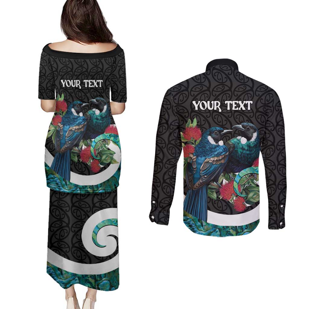 Personalised Valentine's Day New Zealand Couples Matching Puletasi and Long Sleeve Button Shirt Tui Bird Couple Kowhaiwhai Mix Pohutukawa
