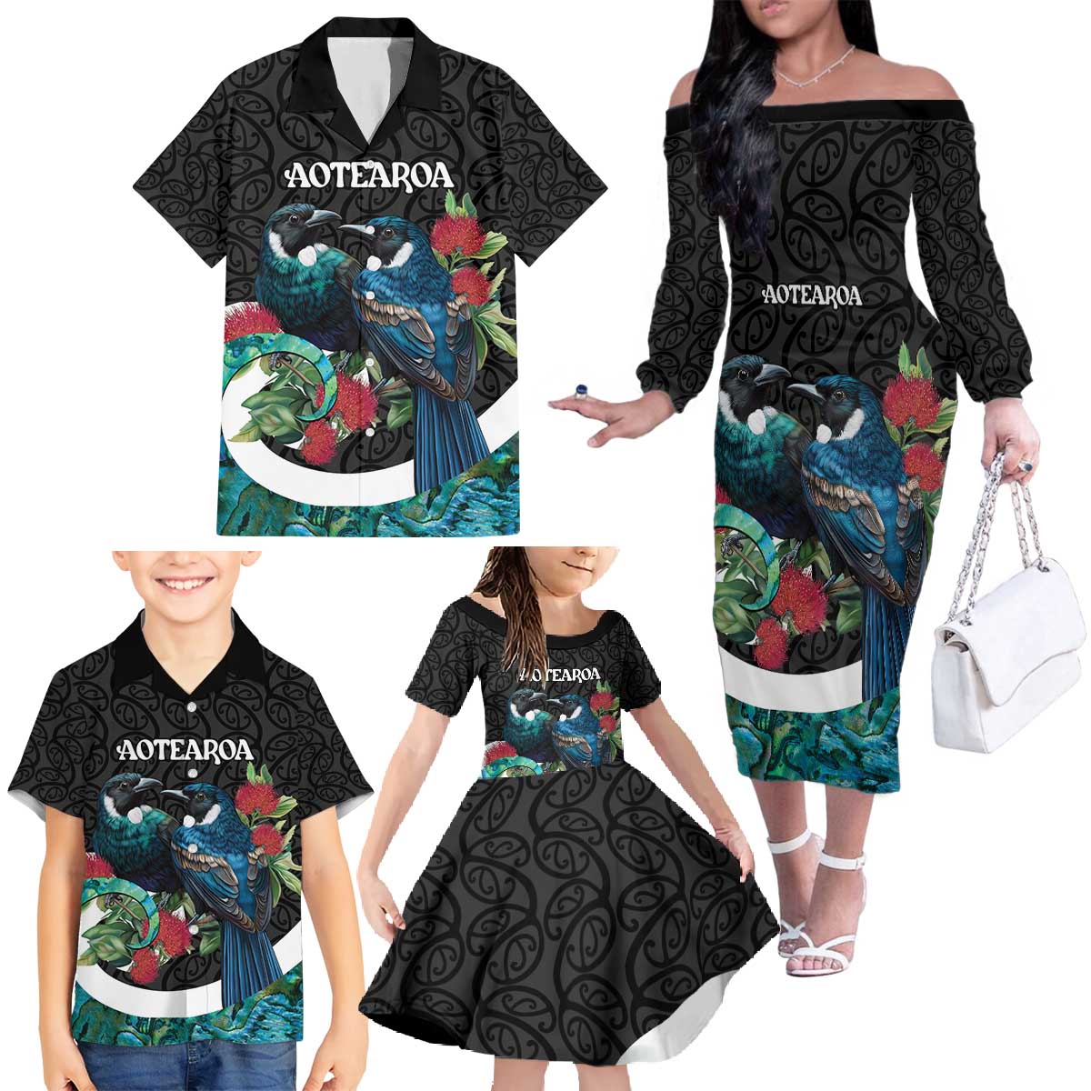 Personalised Valentine's Day New Zealand Family Matching Off The Shoulder Long Sleeve Dress and Hawaiian Shirt Tui Bird Couple Kowhaiwhai Mix Pohutukawa