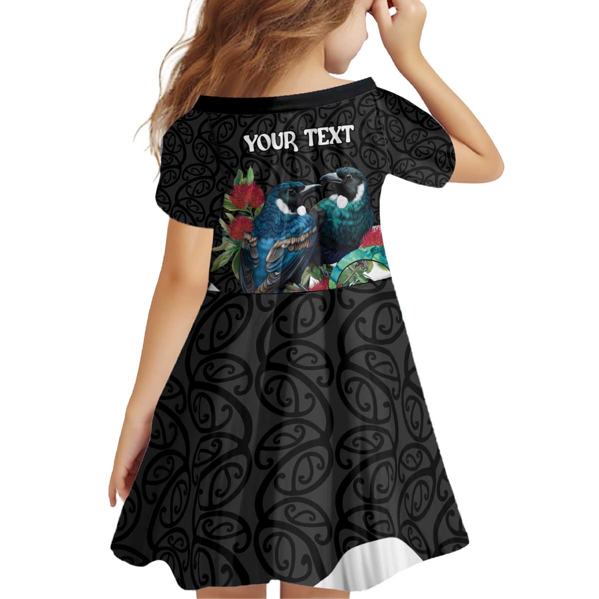 Personalised Valentine's Day New Zealand Kid Short Sleeve Dress Tui Bird Couple Kowhaiwhai Mix Pohutukawa LT14 - Polynesian Pride
