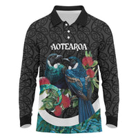 Personalised Valentine's Day New Zealand Long Sleeve Polo Shirt Tui Bird Couple Kowhaiwhai Mix Pohutukawa LT14 Black - Polynesian Pride
