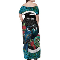 Personalised Valentine's Day New Zealand Off Shoulder Maxi Dress Tui Bird Couple Kowhaiwhai Mix Pohutukawa LT14 - Polynesian Pride