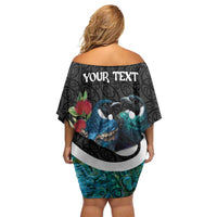 Personalised Valentine's Day New Zealand Off Shoulder Short Dress Tui Bird Couple Kowhaiwhai Mix Pohutukawa LT14 - Polynesian Pride
