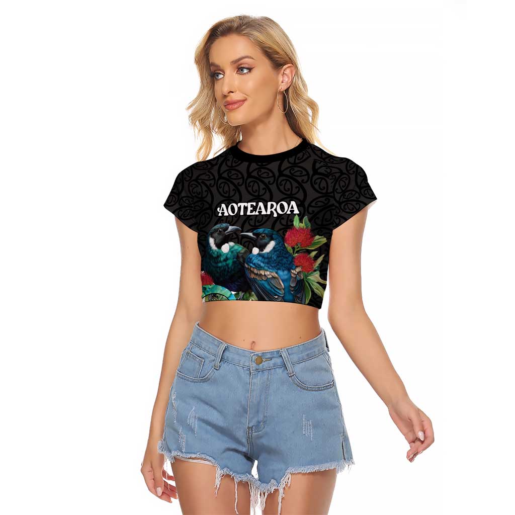 Personalised Valentine's Day New Zealand Raglan Cropped T Shirt Tui Bird Couple Kowhaiwhai Mix Pohutukawa LT14 Female Black - Polynesian Pride
