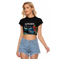 Personalised Valentine's Day New Zealand Raglan Cropped T Shirt Tui Bird Couple Kowhaiwhai Mix Pohutukawa LT14 Female Black - Polynesian Pride