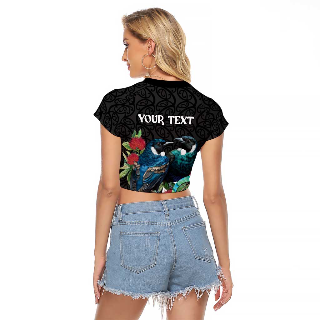 Personalised Valentine's Day New Zealand Raglan Cropped T Shirt Tui Bird Couple Kowhaiwhai Mix Pohutukawa LT14 - Polynesian Pride