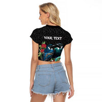 Personalised Valentine's Day New Zealand Raglan Cropped T Shirt Tui Bird Couple Kowhaiwhai Mix Pohutukawa LT14 - Polynesian Pride