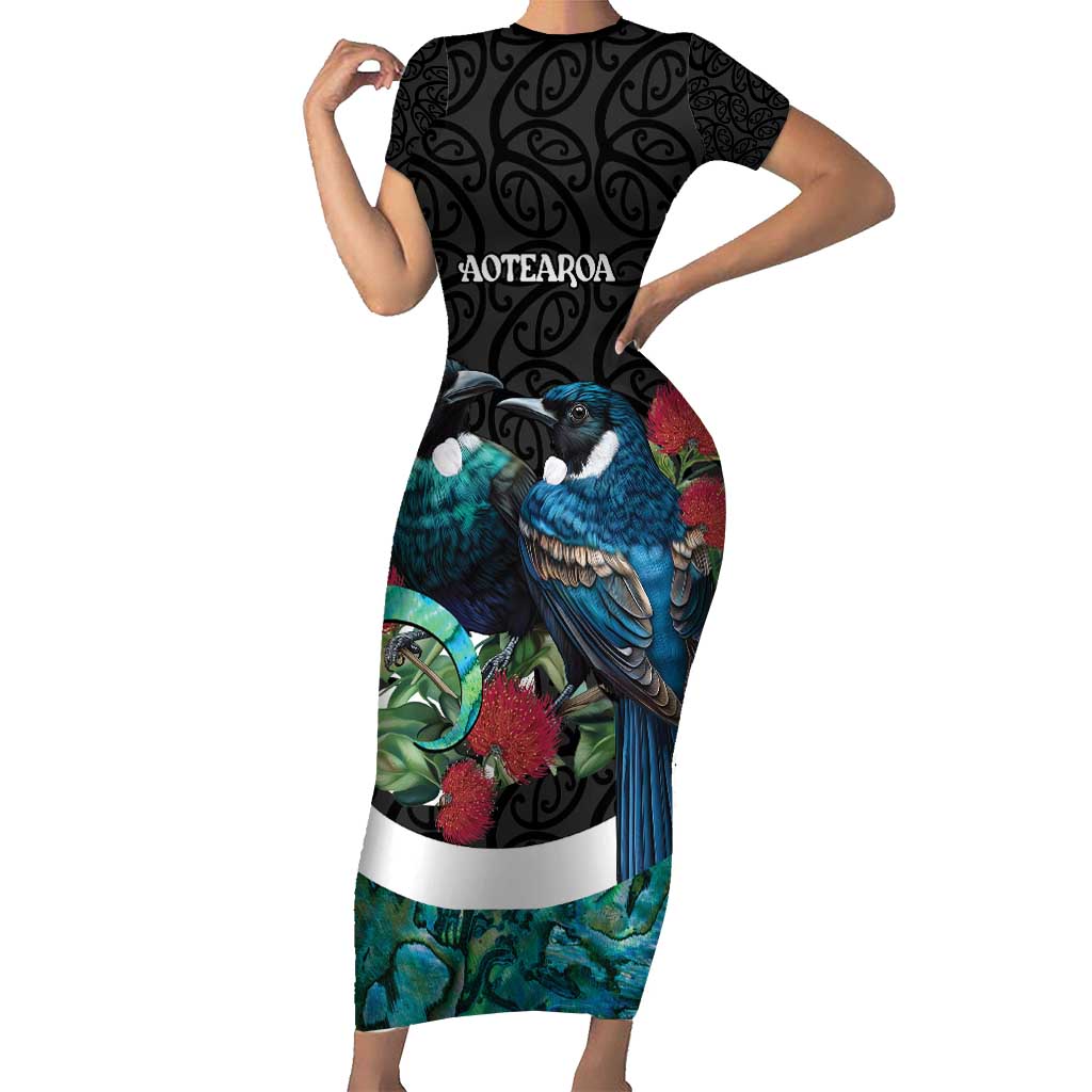 Personalised Valentine's Day New Zealand Short Sleeve Bodycon Dress Tui Bird Couple Kowhaiwhai Mix Pohutukawa