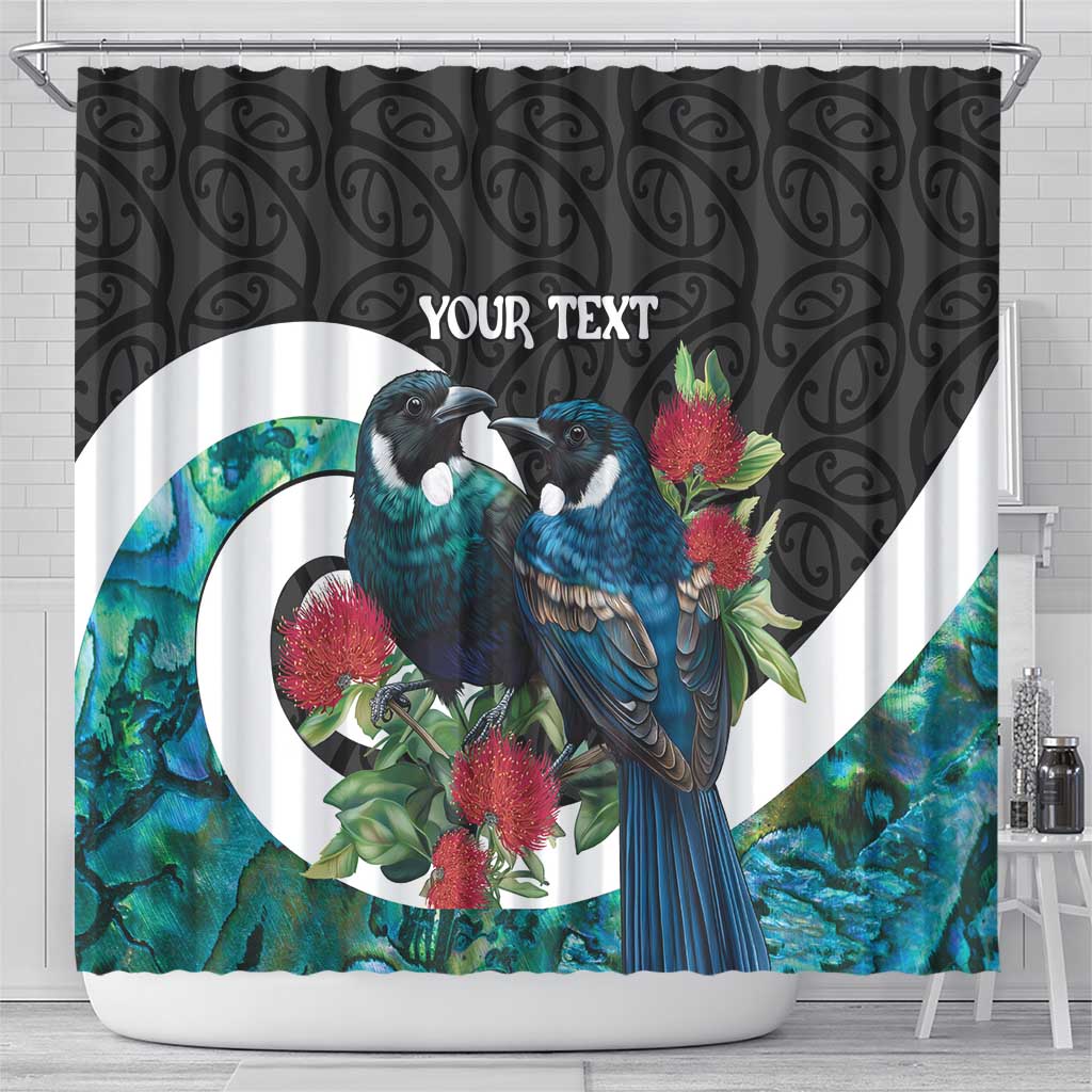 Personalised Valentine's Day New Zealand Shower Curtain Tui Bird Couple Kowhaiwhai Mix Pohutukawa