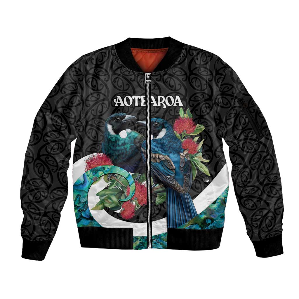 Personalised Valentine's Day New Zealand Sleeve Zip Bomber Jacket Tui Bird Couple Kowhaiwhai Mix Pohutukawa LT14 Unisex Black - Polynesian Pride