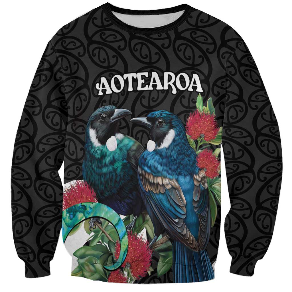 Personalised Valentine's Day New Zealand Sweatshirt Tui Bird Couple Kowhaiwhai Mix Pohutukawa LT14 Unisex Black - Polynesian Pride