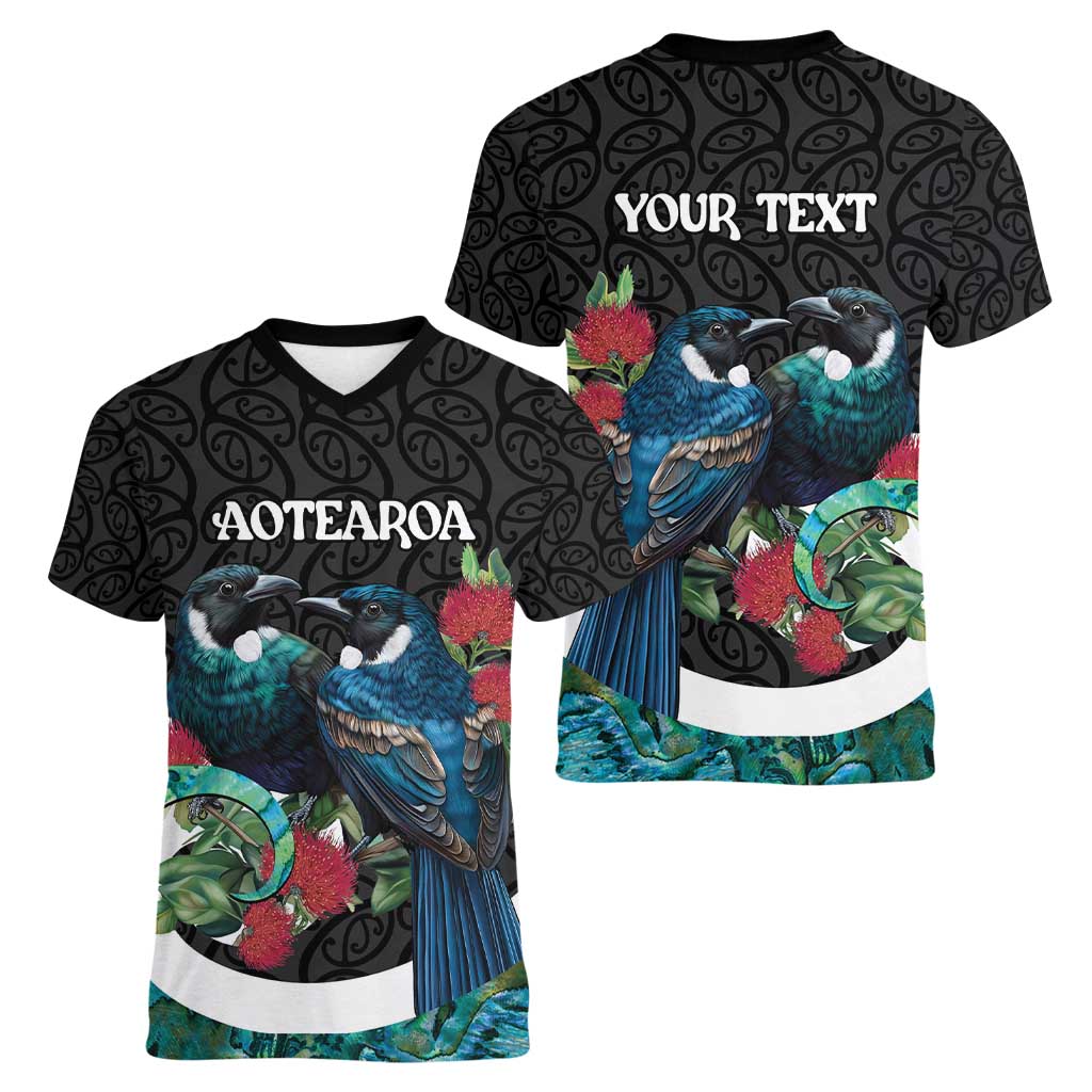 Personalised Valentine's Day New Zealand Women V-Neck T-Shirt Tui Bird Couple Kowhaiwhai Mix Pohutukawa LT14 - Polynesian Pride