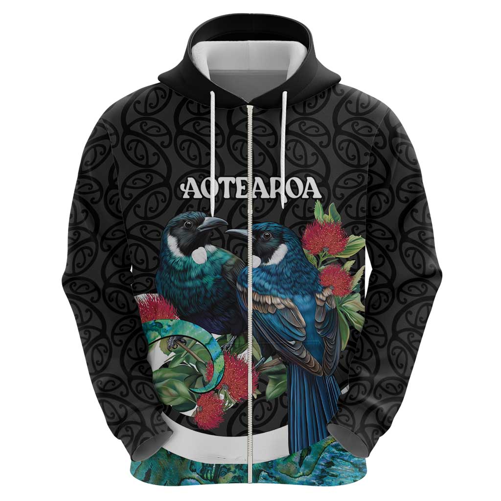 Personalised Valentine's Day New Zealand Zip Hoodie Tui Bird Couple Kowhaiwhai Mix Pohutukawa LT14 - Polynesian Pride