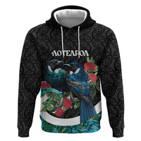 Personalised Valentine's Day New Zealand Zip Hoodie Tui Bird Couple Kowhaiwhai Mix Pohutukawa LT14 Pullover Hoodie Black - Polynesian Pride