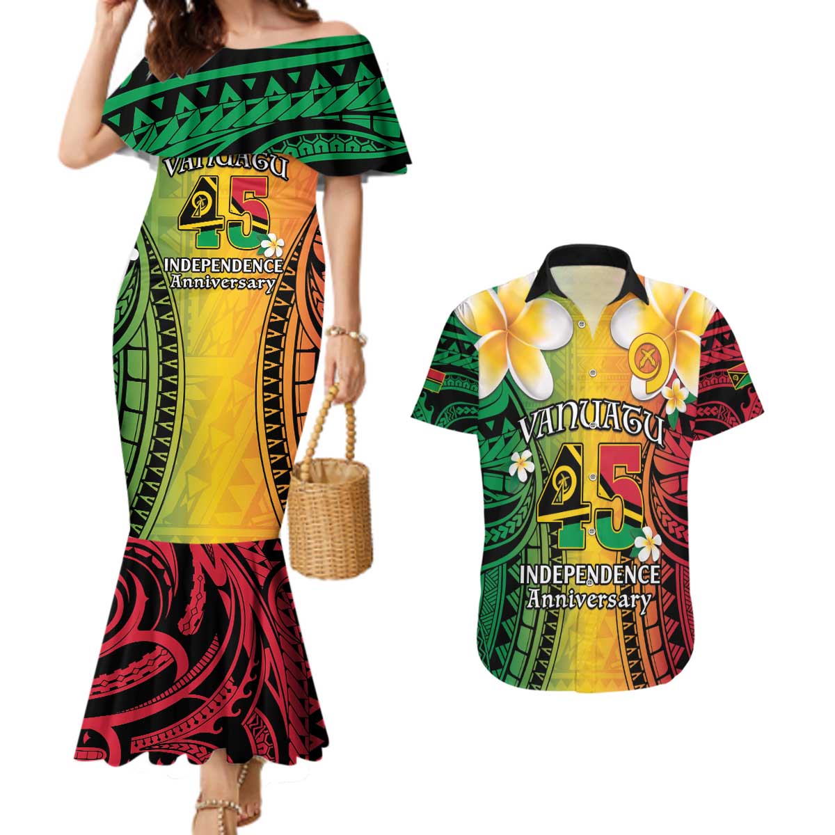 Vanuatu Independence Day Couples Matching Mermaid Dress and Hawaiian Shirt Long God Yumi Stanap Happy 45th Anniversary LT14 Reggae - Polynesian Pride