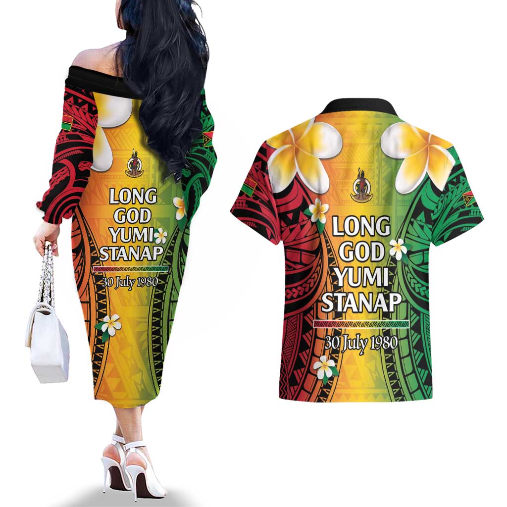 Vanuatu Independence Day Couples Matching Off The Shoulder Long Sleeve Dress and Hawaiian Shirt Long God Yumi Stanap Happy 45th Anniversary LT14