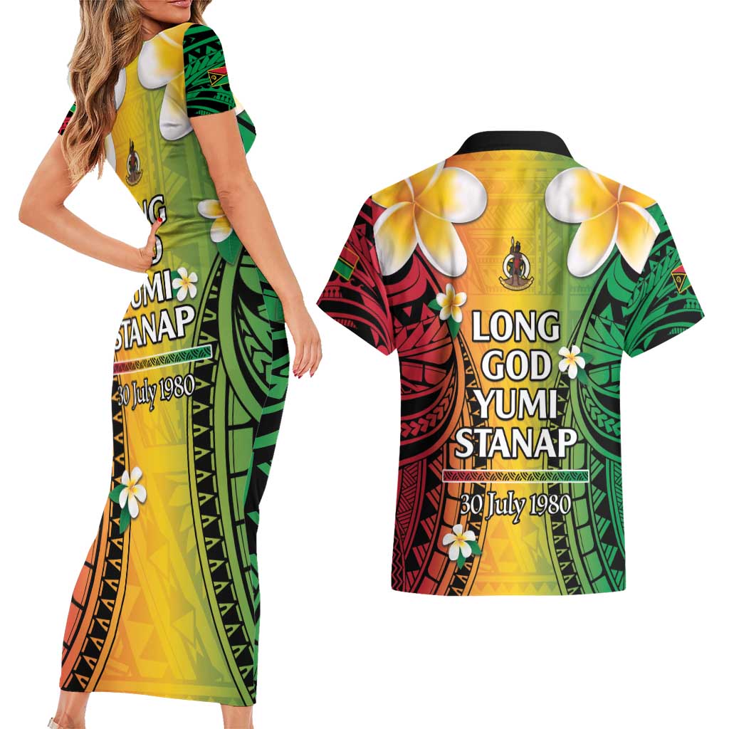 Vanuatu Independence Day Couples Matching Short Sleeve Bodycon Dress and Hawaiian Shirt Long God Yumi Stanap Happy 45th Anniversary LT14 - Polynesian Pride