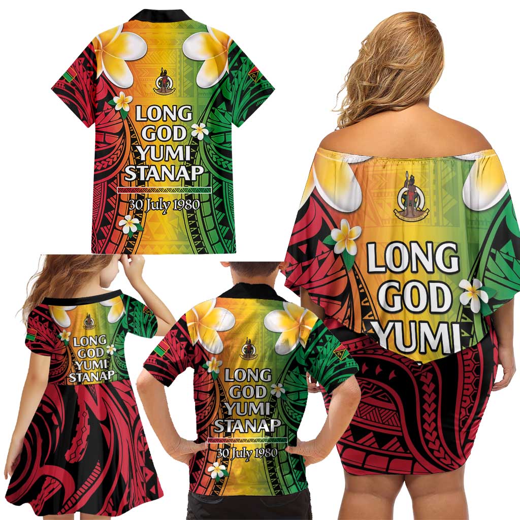 Vanuatu Independence Day Family Matching Off Shoulder Short Dress and Hawaiian Shirt Long God Yumi Stanap Happy 45th Anniversary LT14