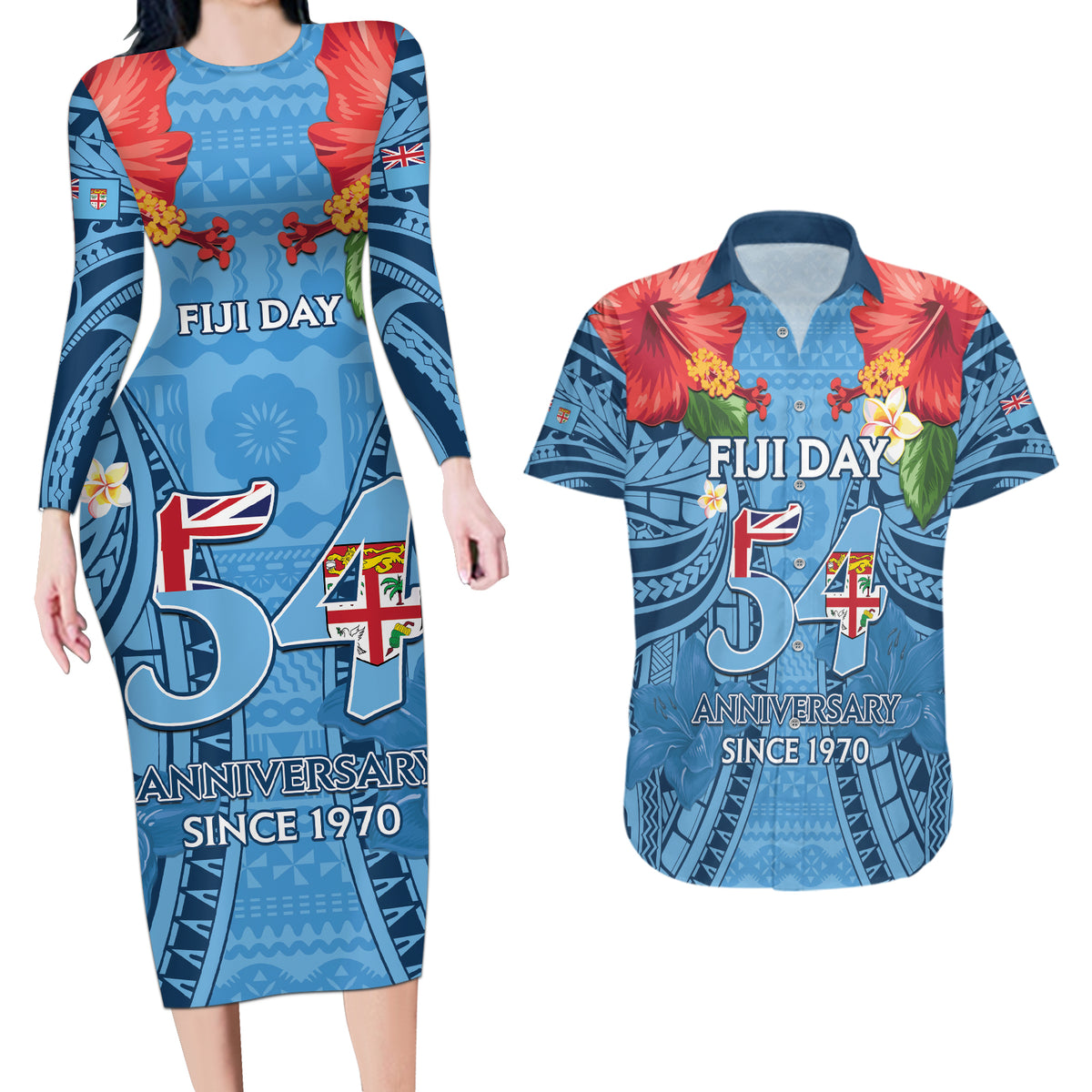 Fiji Day Couples Matching Long Sleeve Bodycon Dress and Hawaiian Shirt Happy 54 Years Of Independence Tapa Pattern Blue LT14 Blue - Polynesian Pride