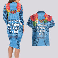 Fiji Day Couples Matching Long Sleeve Bodycon Dress and Hawaiian Shirt Happy 54 Years Of Independence Tapa Pattern Blue LT14 - Polynesian Pride