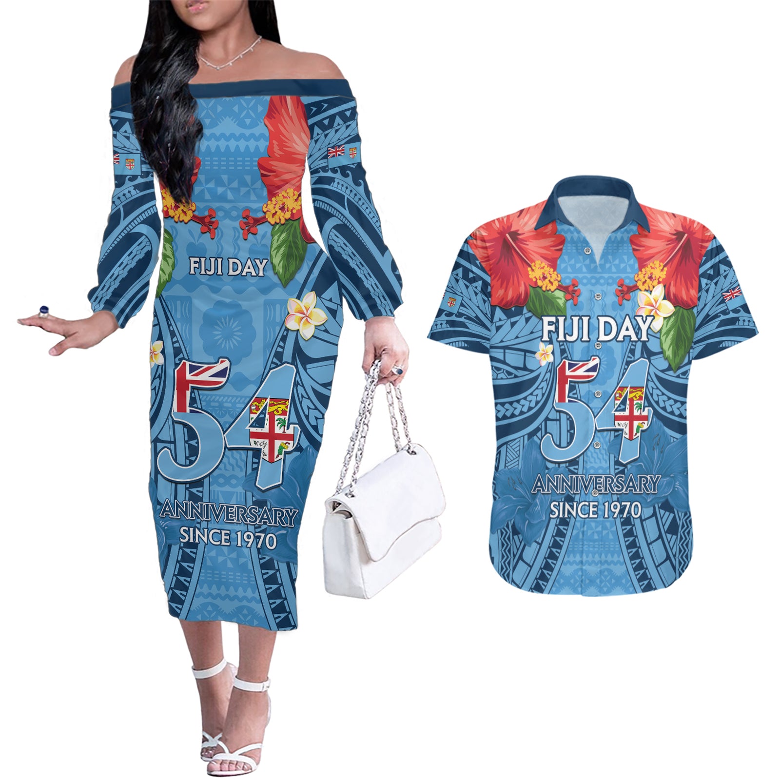 Fiji Day Couples Matching Off The Shoulder Long Sleeve Dress and Hawaiian Shirt Happy 54 Years Of Independence Tapa Pattern Blue