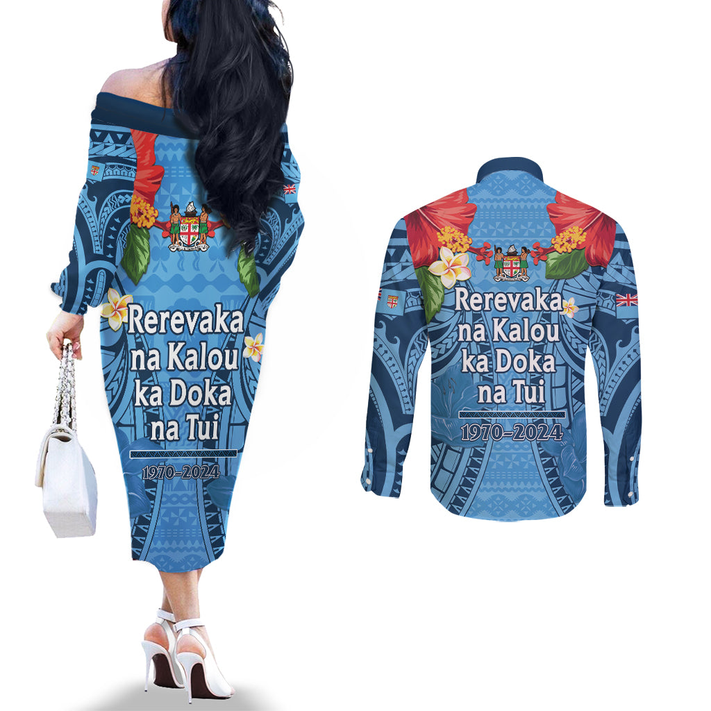 Fiji Day Couples Matching Off The Shoulder Long Sleeve Dress and Long Sleeve Button Shirt Happy 54 Years Of Independence Tapa Pattern Blue