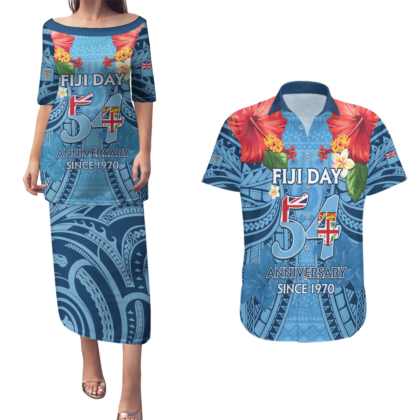 Fiji Day Couples Matching Puletasi and Hawaiian Shirt Happy 54 Years Of Independence Tapa Pattern Blue